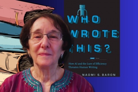 Naomi Baron and the cover of her last book, Who Wrote This?